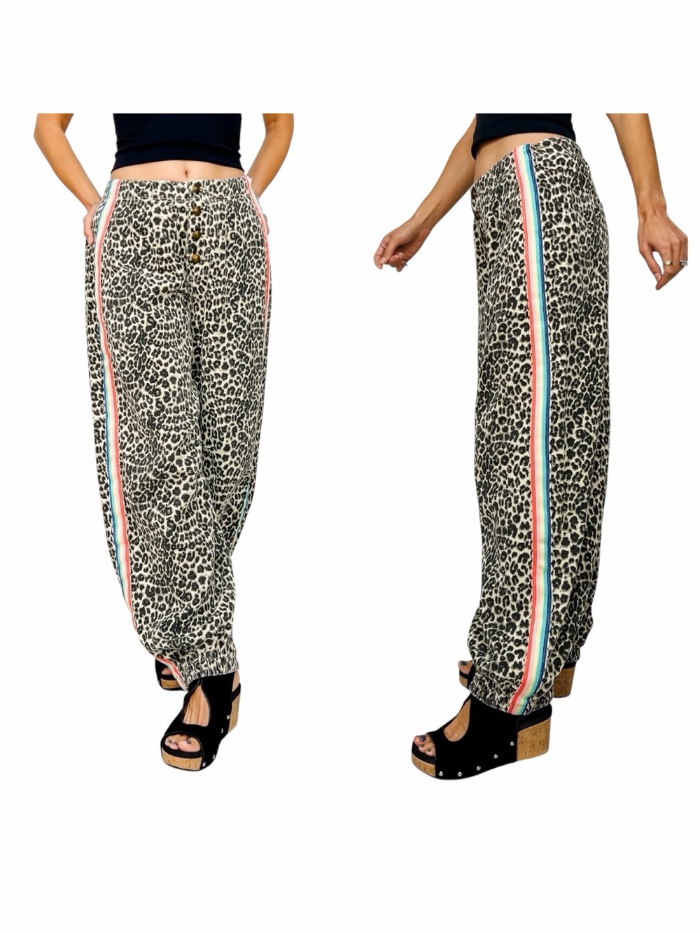 POL Relaxed Fit Sand Leopard Denim Pants with Rainbow Side Tape Detail. Medium.